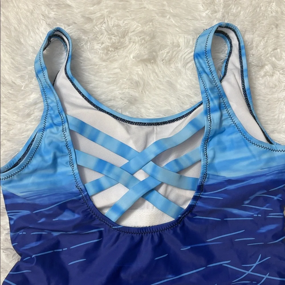 NWOT From Amazon Blue One Piece Criss Cross Back Swimsuit Size M